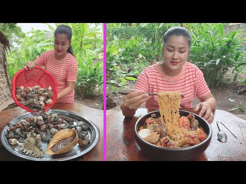 Yummy noodle seafood soup cooking - Cooking with Sreypov