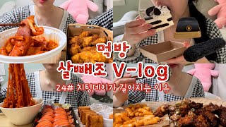 [먹방브이로그#24] 치팅데이를 갖기엔 하루는 너무 짧아🍗🍰🍣 엽떡,허니콤보,투썸 아이스박스,연어초밥,쫄면,멘보샤,푸라닭 고추마요&블랙알리오,크로칸슈,치즈케이크