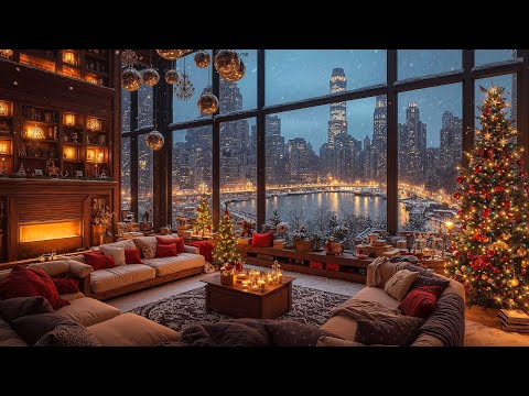 Warm Night at Cozy Coffee Shop Ambience 🎄 Instrumental Christmas Jazz Music & Fireplace Sounds 🔥