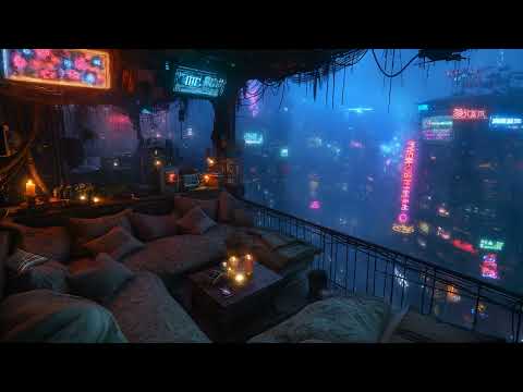 🎵 Cozy Balcony Oasis: Rain and Ambient Music | Cyberpunk Bedroom above the City | 4K | 10 hours