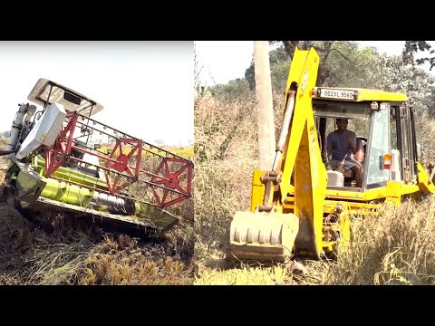 JCB 3DX Rescue Claas Harvester Stuck in Mud | John Deere 5310 4x4 Shifting.