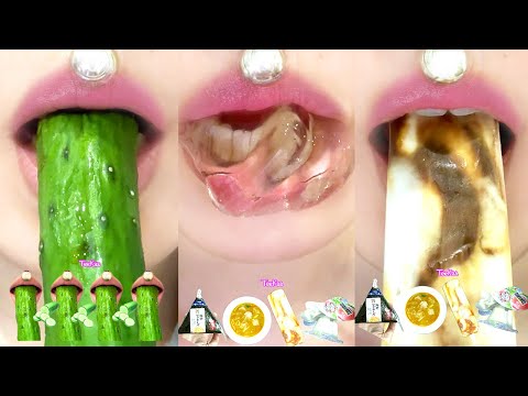 ASMR CUCUMBER JELLY ICECREAM DUMPLING KIMBAB MUKBANG 오이 젤리 만둣국 삼각김밥 먹방 コンビニモッパン