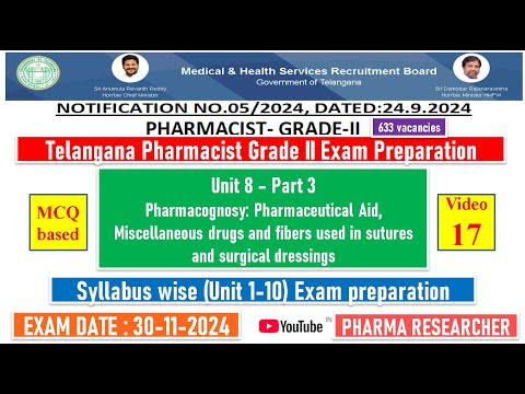 Telangana Pharmacist Grade-II exam Preparation II Unit 8 - part 3 II Unit 1-10 exam preparation