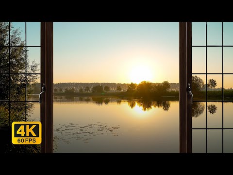 4K Lake window view during sunrise - Relaxing, Calming, Ambience