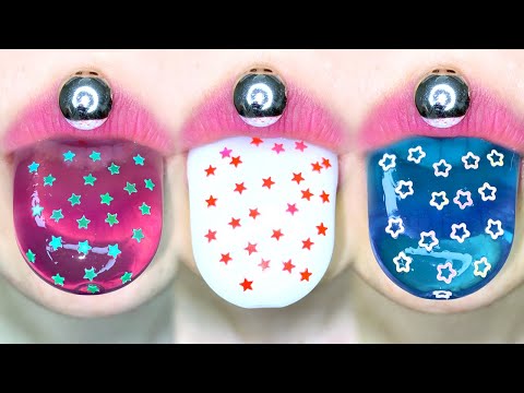 ASMR STICKER JELLY MILK STAR PUDDING SEA BLUE TONGUE MUKBANG 혀 젤리 스티커 푸딩 우유맛 젤리 입술먹방