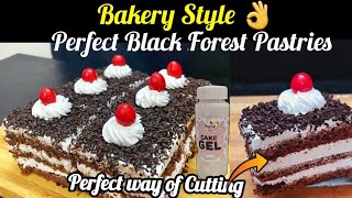 Black forest pastry recipe with cake gel. Eggless bakery chocolate Pastry. How to cut cake pastries