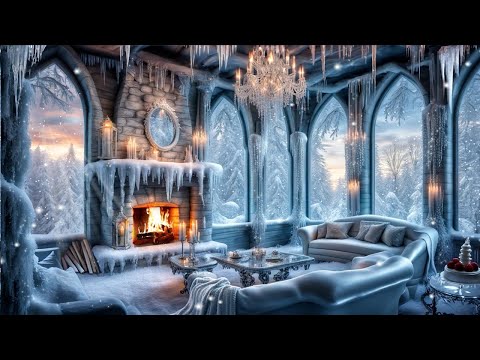 FROZEN ICE CASTLE FANTASY AMBIENCE-WINTER LIVING ROOM-SNOW FALL-FIREPLACE-SOOTHING NATURE SOUNDS