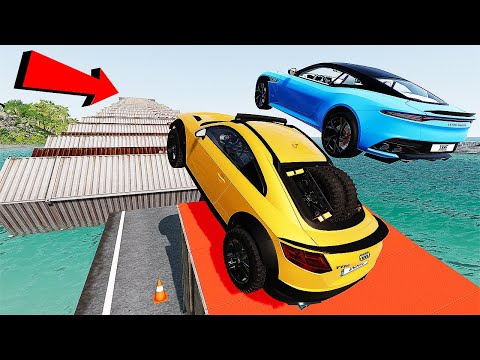 Super Cars Vs 100 Mega Container Jump Parkour - Speed Car Crash - BeamNG Drive #2