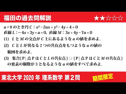 福田の数学〜過去の入試問題(期間限定)〜東北大学2020理系第2問〜円と2直線の共有点の個数