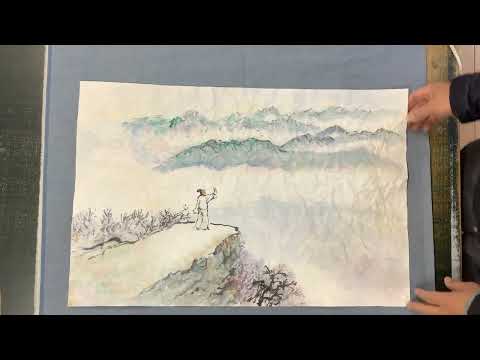 Lesson 9: Shi Tao's Landscape - dry-mounting a painting on crinkled double Xuan rice paper