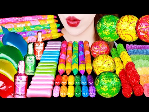 ASMR RAINBOW FOODS, CPASULE CANDY, EDIBLE COLORED PENSILS, COCKTAIL CHOCOALTE EATING SOUNDS MUKBANG