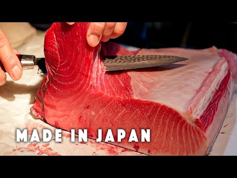 Whole process of real tuna sushi. Japanese chef shows cutting skills for luxurious sashimi.