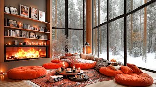 ❄ Winter Morning in Snowing Ambience at Cozy Living Room with Relaxing Jazz Music & Warm Fireplace