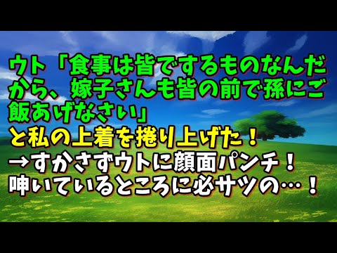 【スカッとひろゆき】ウト「食事は皆でするものなんだから、嫁子さんも皆の前で孫にご飯あげなさい」と私の上着を捲り上げた！→すかさずウトに顔面パンチ！呻いているところに必サツの…！