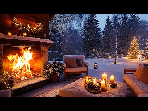 Snow Falling Background Christmas Fireplace ❄️Crackling Fire Atmosphere with Burning Logs 🔥