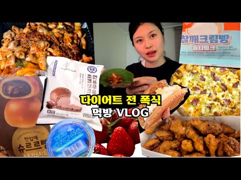 다이어트 전 폭식 먹방 VLOG/ 만칼로리 챌린지 아마도? (교촌 허니콤보, 피자스쿨, 연세초코우유빵, 찰깨크림빵, 야채곱창, 와플대학, 탕후루, 딸기)