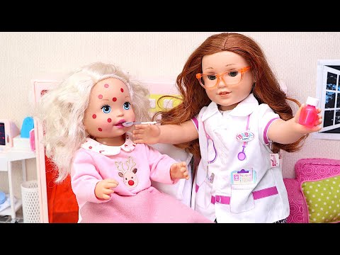 Baby doll is sick and the good doctor helps her feel better! Play Dolls story for kids