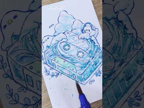 【透明水彩メイキング】🌊🎧『夏が聴こえるカセットテープ』🎨🦜#Shorts  #illustration #watercolor