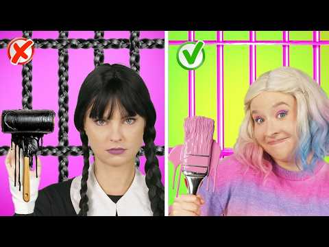 Building Bunk Beds in Jail! Wednesday Vs Enid | Black Vs Pink Bunk Bed