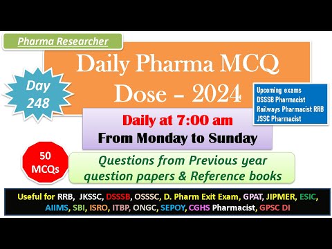 Day 248 Daily Pharma MCQ Dose Series 2024 II 50 MCQs II #exitexam #pharmacist #rrbpharmacist  #dsssb