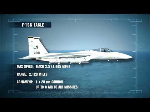 F-15C Eagle • Max Speed: MACH 2.5 • 1,665 MPH • Range: 2,120 Mi • Armament: 1x20mm Cannon 8 Missiles