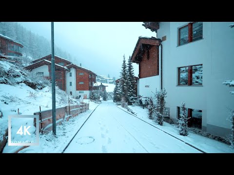 Snowy Walk in Zermatt Switzerland, Winter Snowfall in the Alps 4K