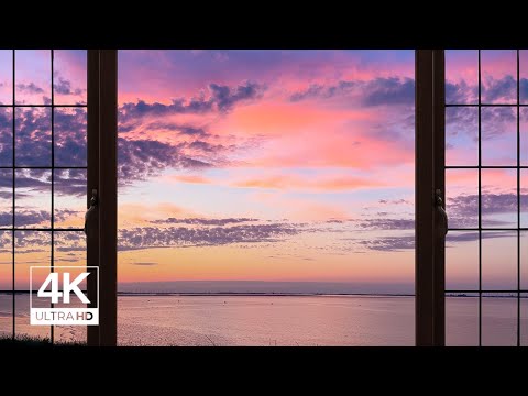 4K beautiful sky at sea after sunset window view - Relaxing, Calming, Ambience, white noise (ASMR)