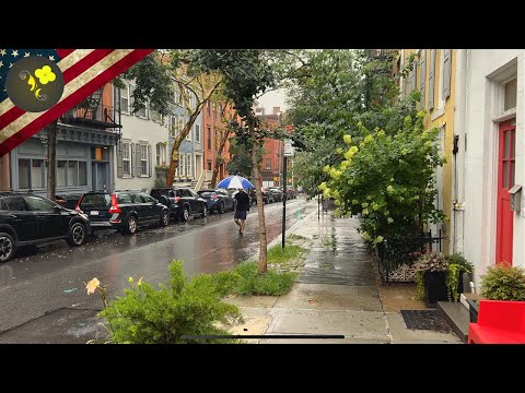 A Summer Rain walk - New York - USA - Brooklyn Heights - Heavy Rain ,