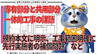 標準管理規約改正案の共用部分と専有部分の一体的改修について、ようやく実務に追いついた、工事範囲を明確にすべき、先行工事者補償に納得いかない場合は裁判　などなど