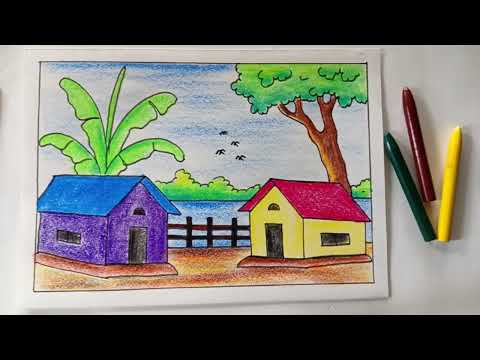 Village Scenery Drawing With Colour/ How to draw Village Scenery easy step by step.