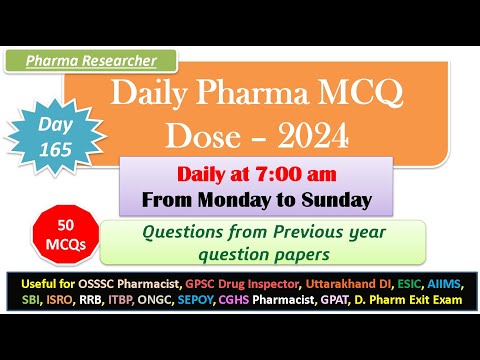 Day 165 Daily Pharma MCQ Dose Series 2024 II 50 MCQs II #exitexam #pharmacist #druginspector #dsssb