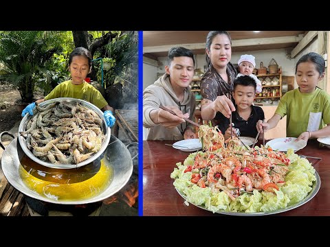 Country girl cook shrimp noodle salad for family - Cooking with Sreypich