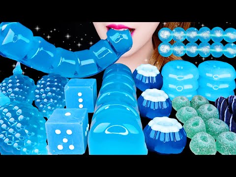 ASMR BLUE TRAIN JELLY, CRISPY DICE, ICE DONUTS, SHINY BEAD JELLY *BLUE FOOD* EATING SOUNDS MUKBANG