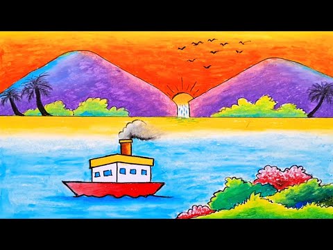 Scenary Drawing | How to draw a easy scenery | Boat scenery drawing step by step | Kisholoy