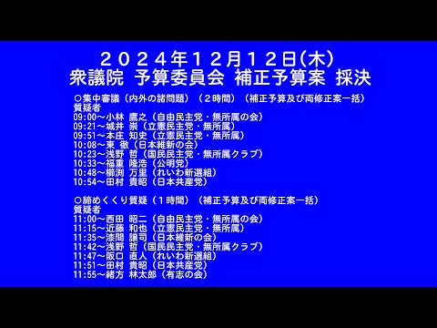 【国会中継録画】衆議院 予算委員会 補正予算案 採決（2024/12/12）