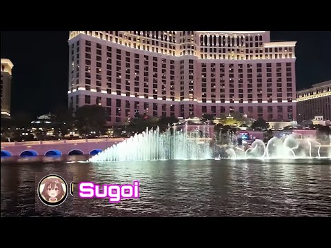 Korone and Botan watching fountain at the Bellagio Hotel Las Vegas