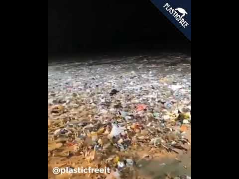 Spiaggia piena di plastica a Mumbai, India