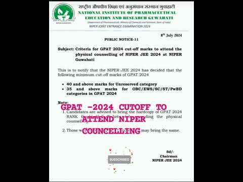 Cuttoff of GPAT 2024 TO ATTEND COUNCELLING FOR NIPER #gpat #cutoff #niper #pharmacist