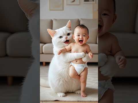 The cat is so happy holding the baby! Funny video of cats taking care of babies Cat taking care of