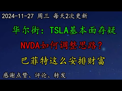 美股 华尔街：TSLA基本面存疑。NVDA如何调整思路？巴菲特这么安排财富。软银再投OpenAI15亿。BRK是否看涨？木头姐ARKK怎么看？SOXL仍需关注止跌情况。COIN、MSTR