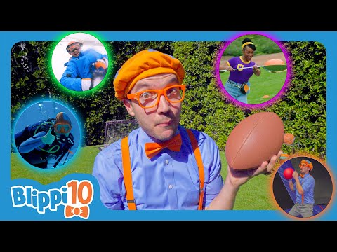 Blippi's Top 10 Fun and Games (Eggs, Snowboard, Dodgeball +more) | Educational Videos for Kids