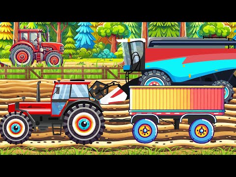 Harvest on the Farm - Color Tractor and Combine in Action, Bountiful Crops on a Vibrant Countryside