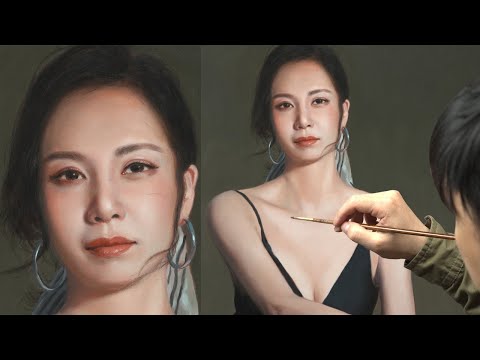 写实人物画黑裙女子人物画过程