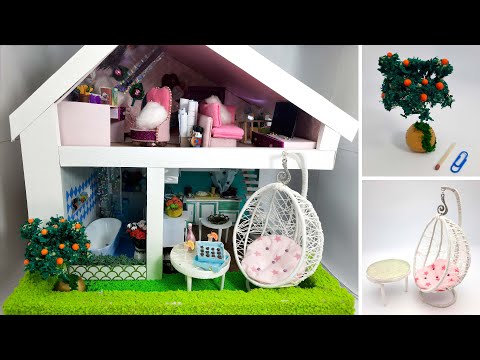 DIY How to make… Miniature backyard with a Swing Egg Chair Rattan and an Orange tree in a dollhouse.