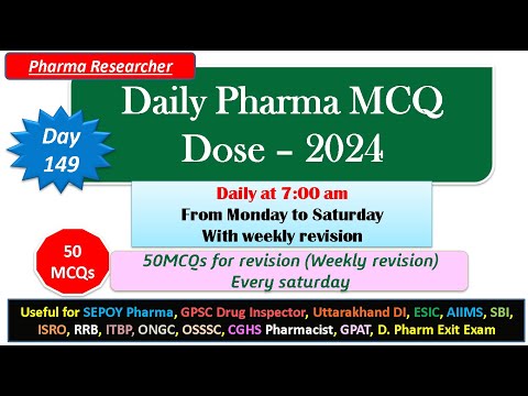 Day 149 Daily Pharma MCQ Dose Series 2024 II 50 MCQs II #exitexam #pharmacist #druginspector #dsssb