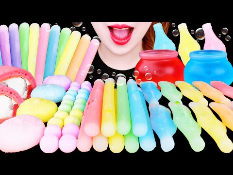 ASMR PASTEL RAINBOW *FROZEN WAX BOTTLE CANDY, RAMUNE CANDY, CRISPY MARSHMALLOW EATING SOUNDS MUKBANG