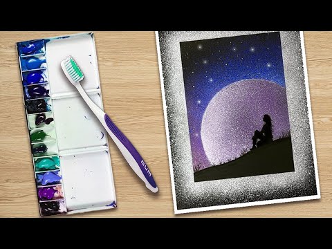 Spray Painting Moonlight with Stars | Toothbrush & Water color Painting Techniques @ManafmayanArts