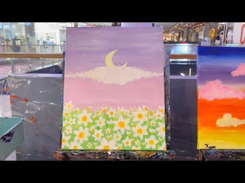 Purple Sky, Moon and Clouds Canvas Art Acrylic Painting 帆布艺术丙烯绘画 - 紫夜