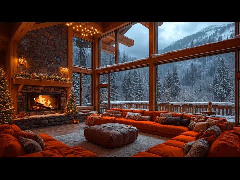 Smooth Christmas Jazz Music with Warm Fireplace, Snowing Ambience to Relax 🎄 Cozy Christmas Ambience