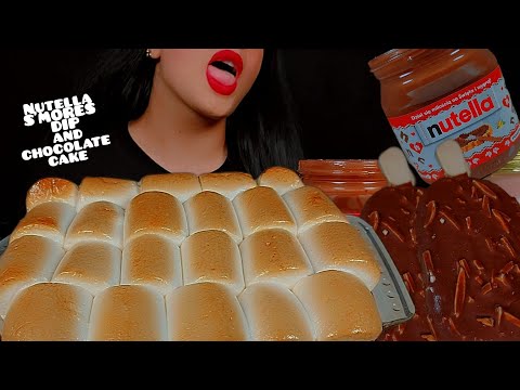 🍫asmr Nutella S'mores dip👅whit chocolate cake and magnum ice cream and cocoa milk|먹방 누텔라 스모어 딥|😋🐾